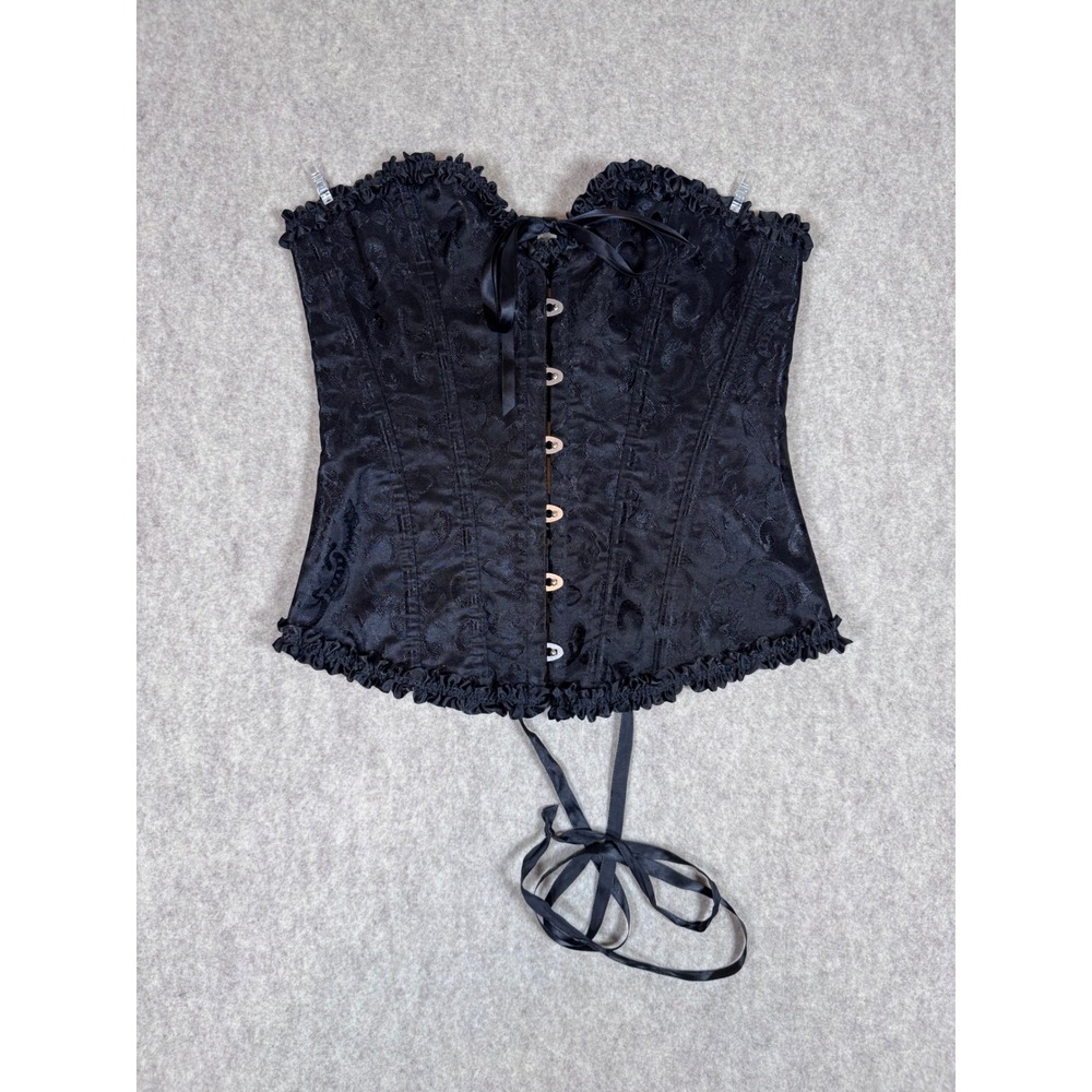 K228. Black Floral Jacquard Corset Top Lace Up Back Ruffle Trim Victorian Gothic